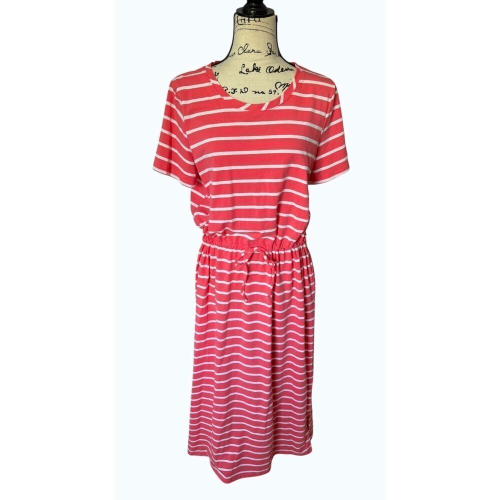 Kim Rogers Striped T-Shirt Dress Medium Coral White Pockets Drawstring Summer Ca